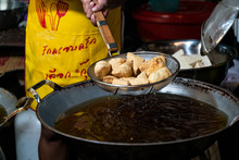 Fried Thai Tofu In A Pan, Vegan Street Food At The Vegetarian Festival On Phuket Island In Thailand, Asia