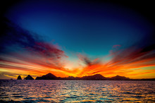Beautiful Sunset Of Seascape With Mountains Silhouets. Sea Off The Coast Of Cabo San Lucas. Gulf Of California (also Known As The Sea Of Cortez, Sea Of Cortes. Mexico. Sunset Over Cabo San Lucas