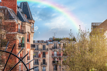 Canvas Print - Beautiful rainbow over the Quartier de Montmartre in Paris, France.