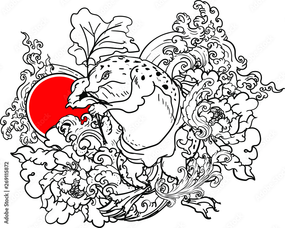 Traditional Japanses Frog tattoo with water wave and peony flower and lotus  leaf and red sun.Green Frog with Japanese wave vector and wallpaper style.  Stock Vector | Adobe Stock, image size:1000x799