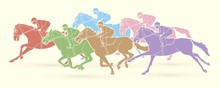 Group Of Jockeys Riding Horse, Sport Competition Cartoon Sport Graphic Vector