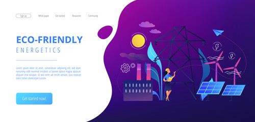 Poster - Engineer choosing power station with solar panels and wind turbines. Alternative energy, green energy technologies, eco-friendly energetics concept. Website vibrant violet landing web page template.