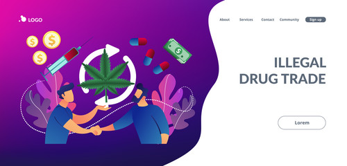  Drug dealer distributing and selling marijuana, pills and syringe to customer. Drug trafficking, illegal drug trade, global black market concept. Website vibrant violet landing web page template.