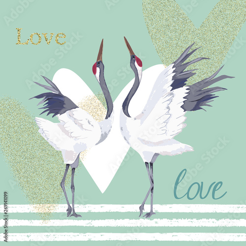 Valentines card with couple cranes and gold glitter hearts. For flyers, banne...