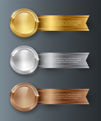 Vector gold, silver, bronze blank medals and horizontal ribbons with text space isolated on gray background.