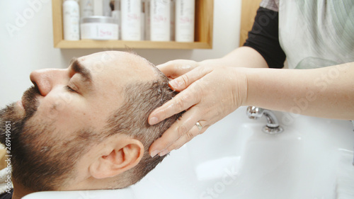 Hairdresser Washing Male Short Hair Buy This Stock Photo And