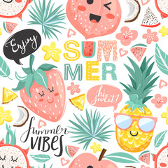 Wall Mural - Creative summer collage. Seamless pattern with cute pineapple, peach, strawberry, dragon fruit characters with kawaii face. Flowers, leaves and lettering. Vector.