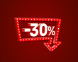 Banner 30 off with share discount percentage, neon signboard arrow.