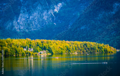 Sunshine Autumn Landscape Of Lake And White Castle In The Forest On The Background Hallstatt Austria Buy This Stock Photo And Explore Similar Images At Adobe Stock Adobe Stock