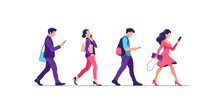 Young People Walking. Humans Strolling With Smartphones, They Are Using Their Digital Devices. Vector Illustration.
