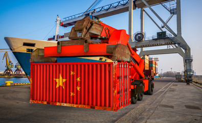 Sticker - The container in the colors of the People's Republic of China in the port-3d illustration