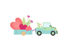 Cute Car With Cart Full Of Flowers And Hearts Vector Illustration