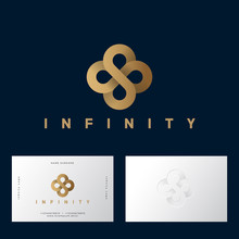 Gold Flower Celtic Ornament Like Infinity From Gold Ribbon. Infinity Logo On Dark-purple Background. Business Card. Identity.