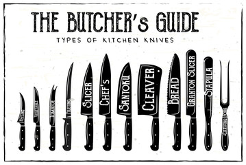 The Butcher's Guide - Type of Knives vector retro illustration