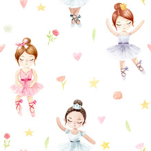 Seamless Pattern. Watercolor Ballerina. Hand Painted Illustration Isolated White Background.