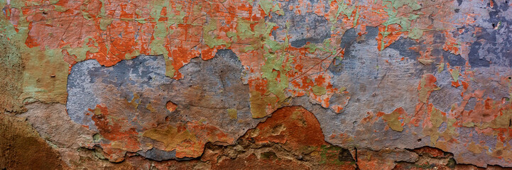 Sticker - wall covered with old crumbling cement multi-colored plaster.