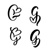 Vector Set Of Vintage Floral Letter Monogram G. Calligraphy Element Valentine Flourish. Hand Drawn Heart Sign For Page Decoration And Design Illustration. Love Wedding Card For Invitation
