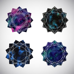 Set of geometric cosmic mandala illustrations. Polygonal star shape round frames. Watercolor texture vector night sky, galaxy, cosmos with colorful stains background. Sacred geometry, design element.