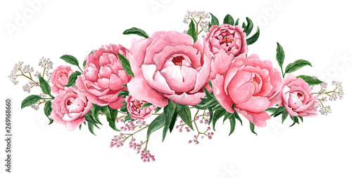 Leinwand Poster  Watercolor illustration of pink peony flower blossom