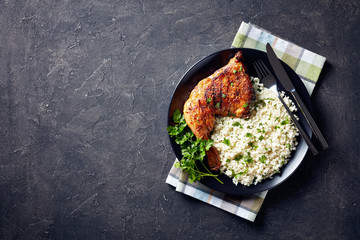 Canvas Print - broiled chicken leg quarter with Cauliflower rice