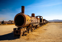 Old Rusty Steam Locomotives Near Uyuni In Bolivia. Cemetery Trains.