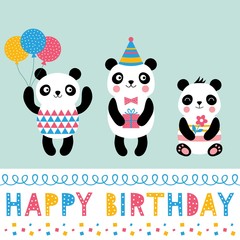 Wall Mural - Birthday greeting card with cartoon panda bears