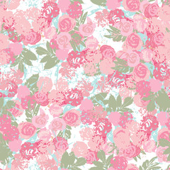  Seamless vector floral background. Elegant romantic design of roses, peonies, leaves on white background