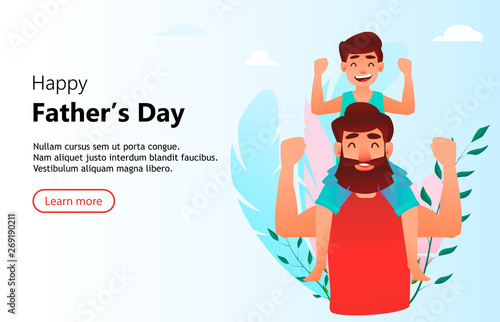Cheerful son sits on shoulders of his father Poster Mural XXL