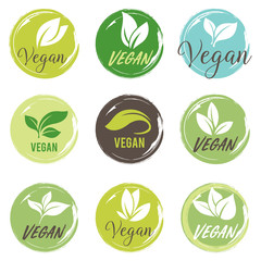 Wall Mural - Vegan icon set. Bio, Ecology, Organic logos and badges, label, tag. Green leaf on white background.