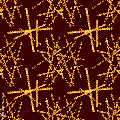 Golden pearl and chain glamour seamless pattern illustration.  fashion design...