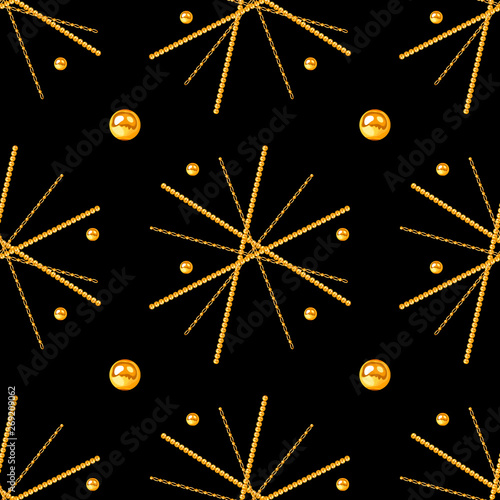 Golden pearl and chain glamour seamless pattern illustration.  fashion design...