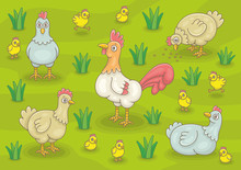 Cockerel, Chicken And Chicks In Meadow. Funny Cartoon And Vector Illustration