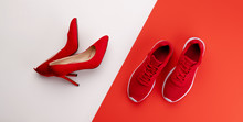 A Studio Shot Of Pair Of Running Vs High Heel Shoes On Color Background. Flat Lay.