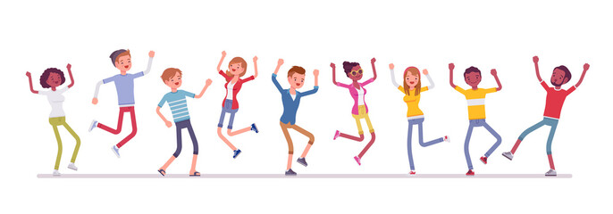 Wall Mural - Dancing group of happy people. Friends, young smiling people, teenager boys, girls together, adolescent unity. Vector flat style cartoon illustration isolated, white background, full length portrait