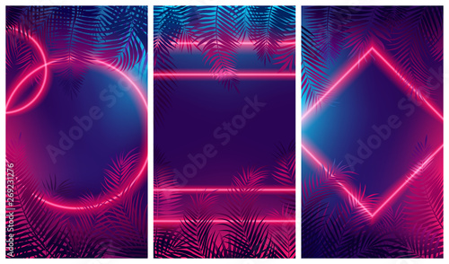 Bright red glow from geometric shapes, neon cyberpunk background with tropical l Poster Mural XXL