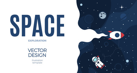Space background with cosmos and white empty place for text. Cute template with Astronaut, Spaceship, Rocket, Moon and Stars for poster, banner web landing page or website design