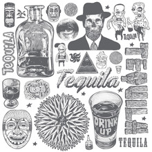 Tequila Crazy Bar Doodles, Typography And Design Elements Set. Vector Illustration