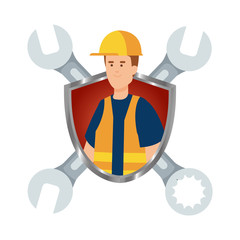 Poster - builder worker with helmet and wrenches in shield