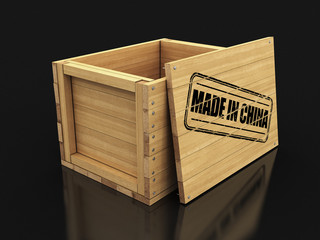 Sticker - Wooden crate with stamp Chinese flag. Image with clipping path