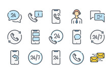 Support And Call Center Related Color Line Icon Set. Telemarketing And Sales Colorful Linear Icons. Support Services Flat Color Outline Vector Sign Collection.