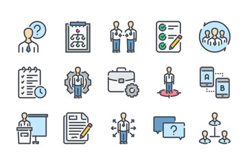 Management related color line icon set. Business people colorful linear icons. Collaboration flat color outline vector sign collection.