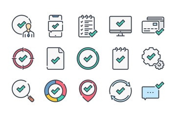 Approve related color line icon set. Agreement and checkmark colorful linear icons. Check marks and ticks flat color outline vector signs and symbols collection.