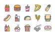 Fast food related color line icon set. Street food colorful linear icons. Burger, hotdog and sandwich flat color outline vector signs and symbols collection.