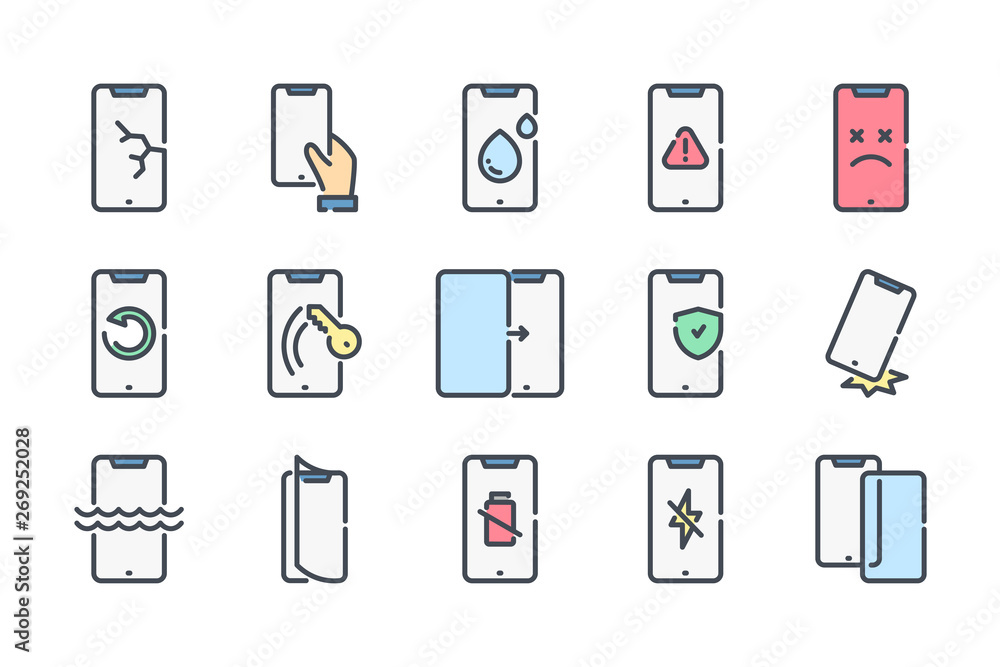 Cellular Damage Powerpoint Icon Mobile phone repair related color line icon set. Smartphone protection ...