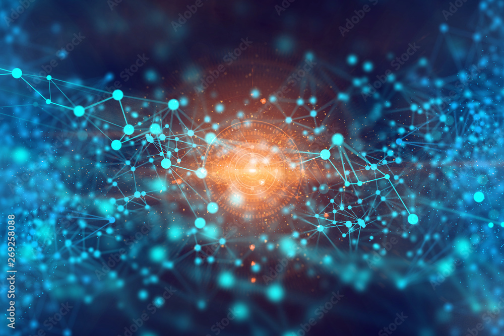 ai technology, robotic system, molecule of chemical, atom cell plexus and science, abstract futuristic universe cyber network server online, background illustration 3d rendering - obrazy, fototapety, plakaty 