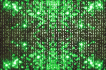 Green matrix digital background. Abstract cyberspace concept. Characters fall down. Matrix from symbols stream. Virtual reality design. Complex algorithm data hacking. Green digital sparks.