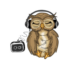 Cute Cartoon Owl with tape recorder. Vector illustration. Bird knowledge with music. Owlet listens to songs. Hand drawn illustration for t-shirt print design, book, greeting card. Isolated on white