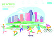 Vectorurban landscape in a minimalist style. Man and woman characters running, riding bicycle, skateboarding, roller skates, fitness. The city. Vector illustration