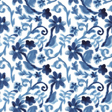 Watercolor Blue Vintage Background With Blooming Flowers. Chinese Pattern. Chinoiserie. Seamless Pattern