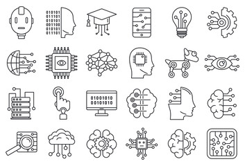 Artificial intelligence system icons set. Outline set of artificial intelligence system vector icons for web design isolated on white background